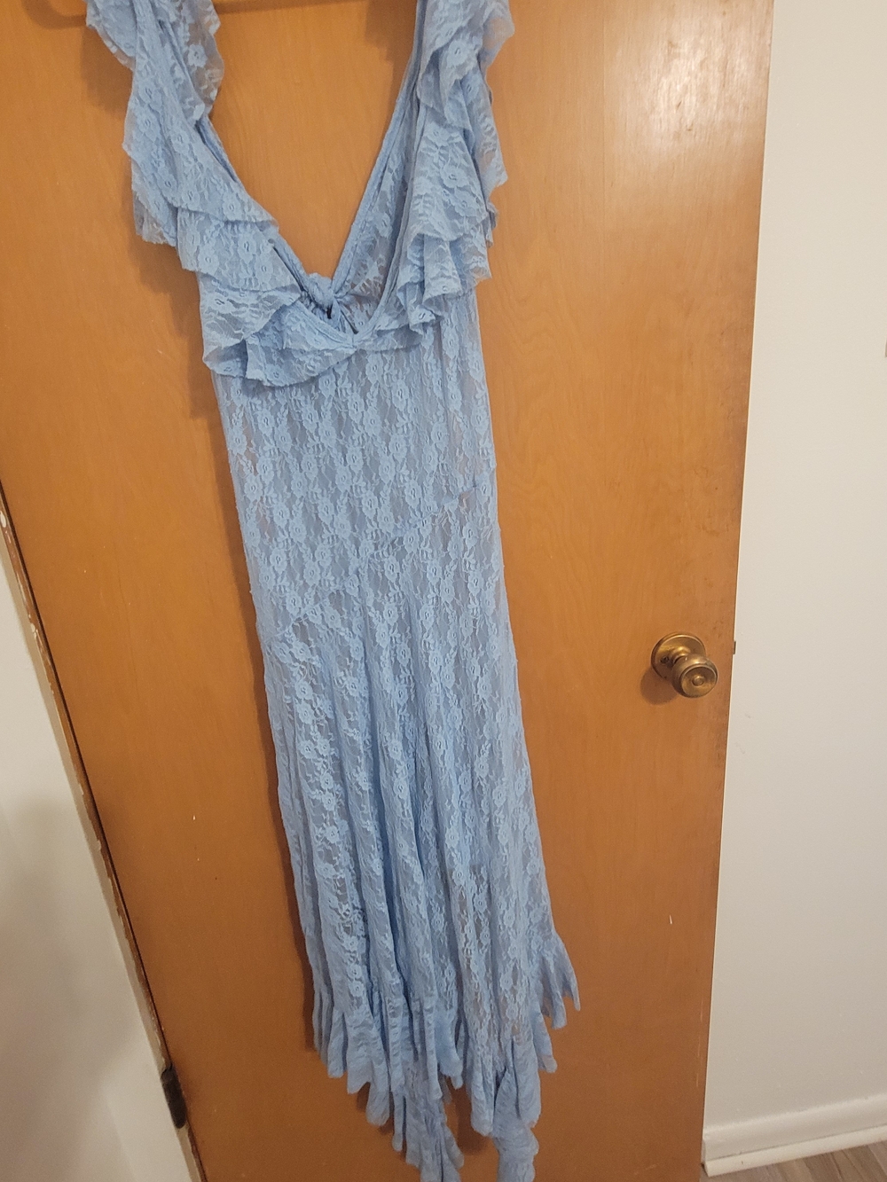 Kimchi Blue Pale Blue Lace Ruffle V-Neck Maxi Dress